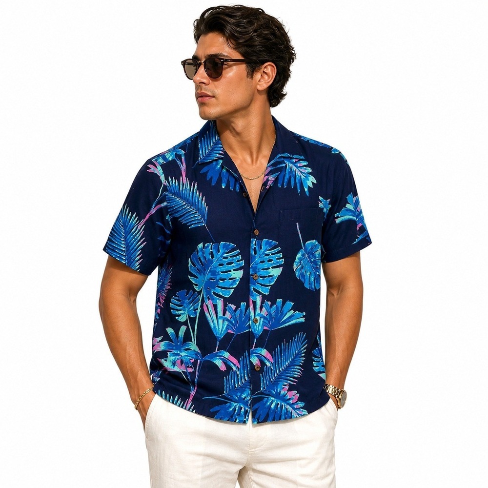 28 Palms Button Down Shirt Blue 100% Cotton Floral Tropical Retro Coastal Size M